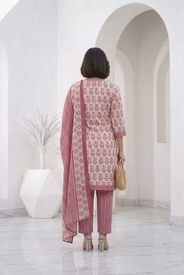 Pink printed cotton blend stitched floral print salwar kurta dupatta for women 3