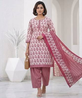 Pink printed cotton blend stitched floral print salwar kurta dupatta for women 4
