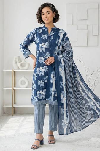 Blue printed cotton blend stitched floral print salwar kurta dupatta for women