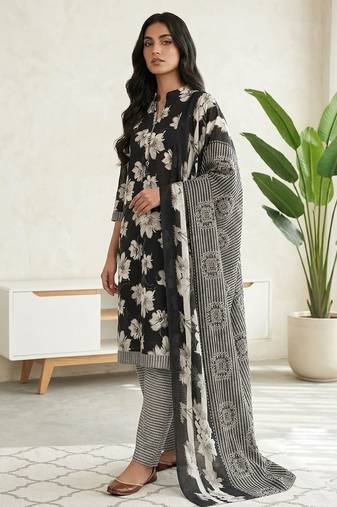 Black printed cotton blend stitched floral print salwar kurta dupatta for women