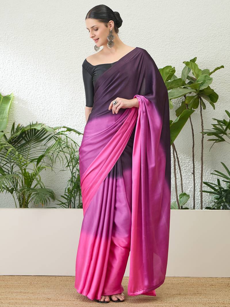 Purple color ready to wear semi modal saree with unstitched designer blouse