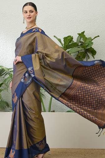 Blue color readymade handloom silk saree with unstitched designer blouse