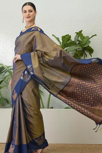 Blue color readymade handloom silk saree with unstitched designer blouse