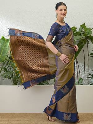 Blue color readymade handloom silk saree with unstitched designer blouse 2
