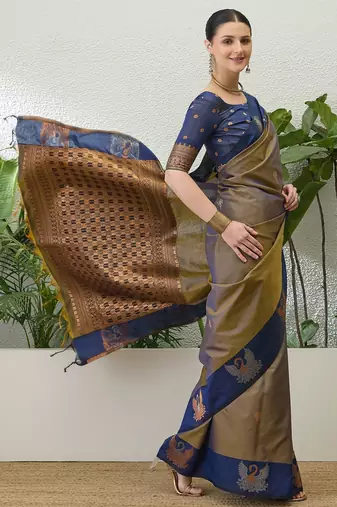 Blue color readymade handloom silk saree with unstitched designer blouse