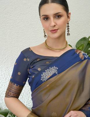 Blue color readymade handloom silk saree with unstitched designer blouse 4