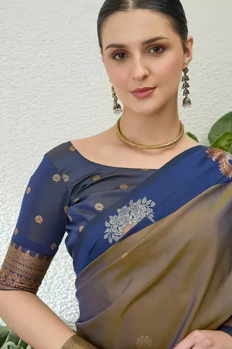 Blue color readymade handloom silk saree with unstitched designer blouse