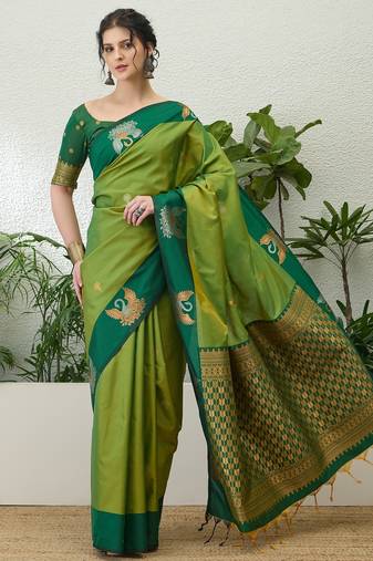 Green color readymade handloom silk saree with unstitched designer blouse