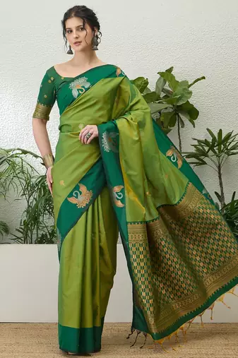 Green color readymade handloom silk saree with unstitched designer blouse