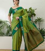 Green color readymade handloom silk saree with unstitched designer blouse