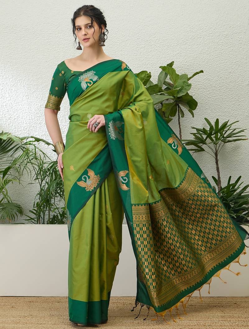 Green color readymade handloom silk saree with unstitched designer blouse