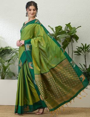Green color readymade handloom silk saree with unstitched designer blouse 2