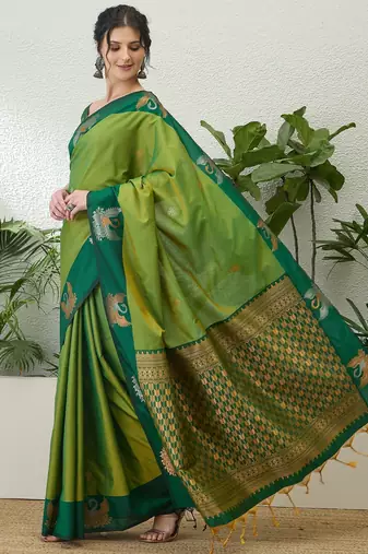Green color readymade handloom silk saree with unstitched designer blouse