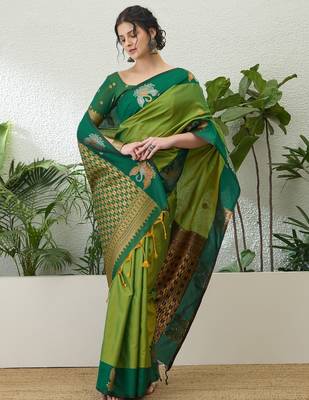Green color readymade handloom silk saree with unstitched designer blouse 3