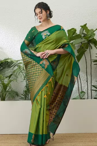 Green color readymade handloom silk saree with unstitched designer blouse