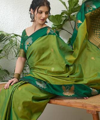 Green color readymade handloom silk saree with unstitched designer blouse 4