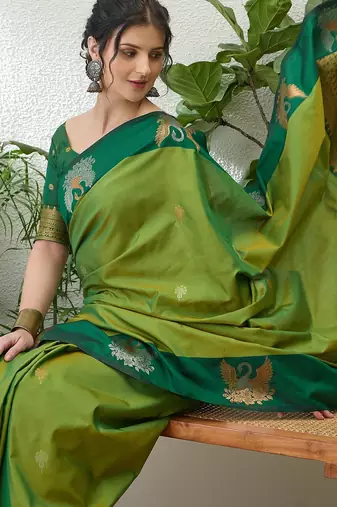 Green color readymade handloom silk saree with unstitched designer blouse