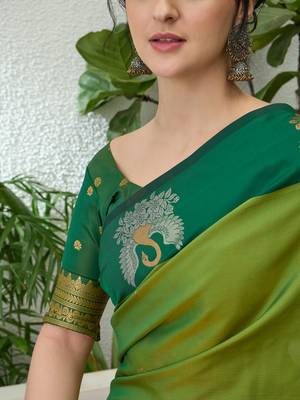 Green color readymade handloom silk saree with unstitched designer blouse 5
