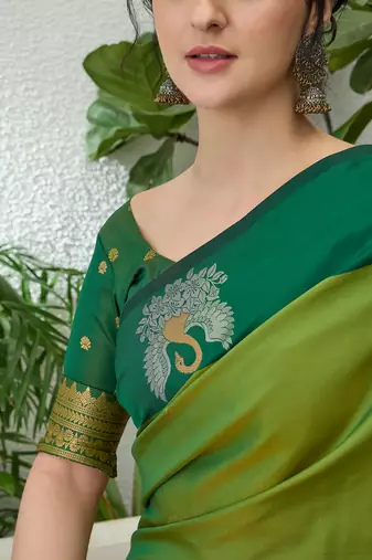 Green color readymade handloom silk saree with unstitched designer blouse