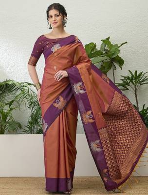 Wine color readymade handloom silk  saree with unstitched designer blouse 1