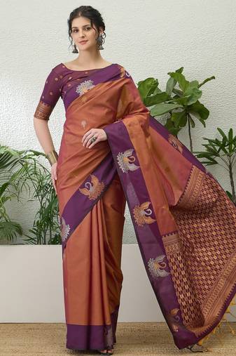 Wine color readymade handloom silk  saree with unstitched designer blouse