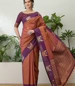 Wine color readymade handloom silk  saree with unstitched designer blouse
