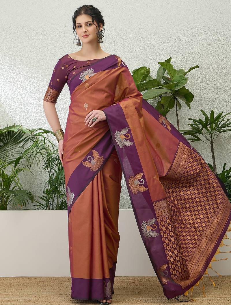 Wine color readymade handloom silk  saree with unstitched designer blouse