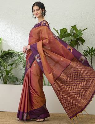 Wine color readymade handloom silk  saree with unstitched designer blouse 2