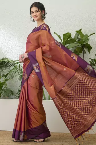 Wine color readymade handloom silk  saree with unstitched designer blouse