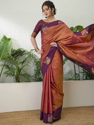 Wine color readymade handloom silk  saree with unstitched designer blouse 3