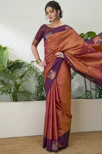 Wine color readymade handloom silk  saree with unstitched designer blouse
