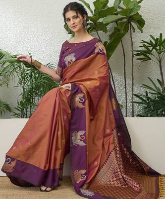 Wine color readymade handloom silk  saree with unstitched designer blouse 4