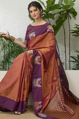 Wine color readymade handloom silk  saree with unstitched designer blouse