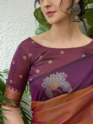 Wine color readymade handloom silk  saree with unstitched designer blouse 5