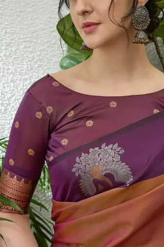 Wine color readymade handloom silk  saree with unstitched designer blouse