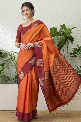 Red color readymade handloom silk  saree with unstitched designer blouse