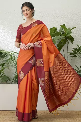 Red color readymade handloom silk  saree with unstitched designer blouse