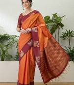 Red color readymade handloom silk  saree with unstitched designer blouse