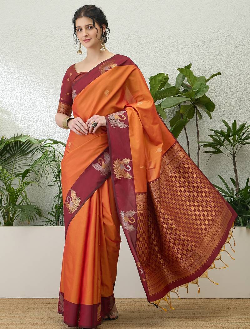 Red color readymade handloom silk  saree with unstitched designer blouse