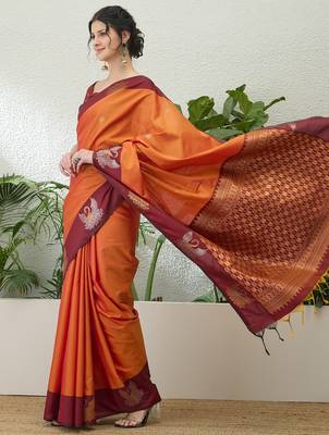 Red color readymade handloom silk  saree with unstitched designer blouse 2