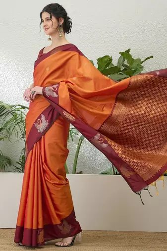 Red color readymade handloom silk  saree with unstitched designer blouse