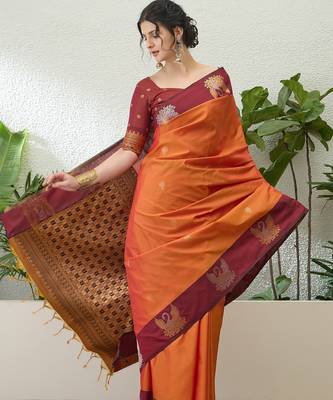 Red color readymade handloom silk  saree with unstitched designer blouse 3
