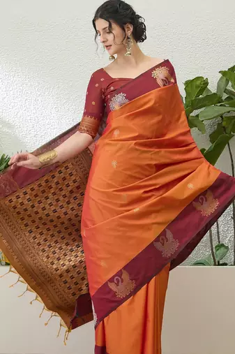 Red color readymade handloom silk  saree with unstitched designer blouse