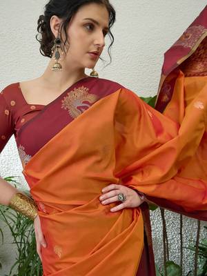 Red color readymade handloom silk  saree with unstitched designer blouse 4