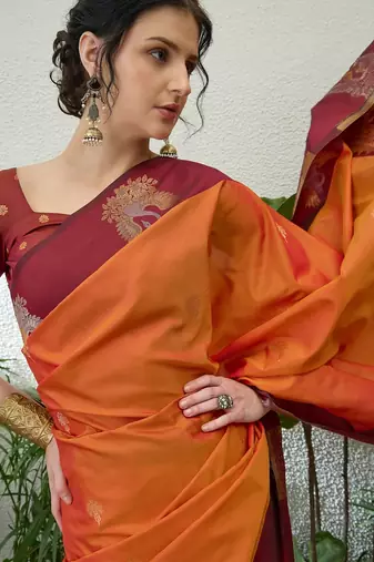 Red color readymade handloom silk  saree with unstitched designer blouse