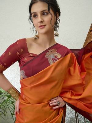 Red color readymade handloom silk  saree with unstitched designer blouse 5