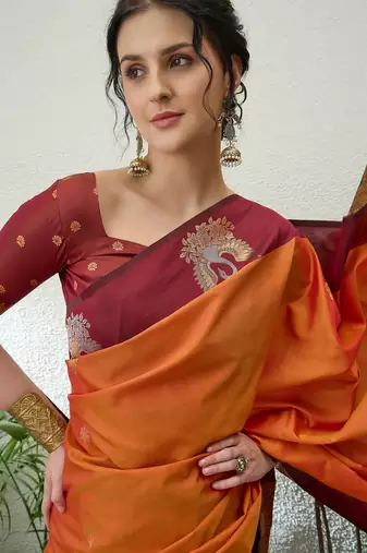 Red color readymade handloom silk  saree with unstitched designer blouse