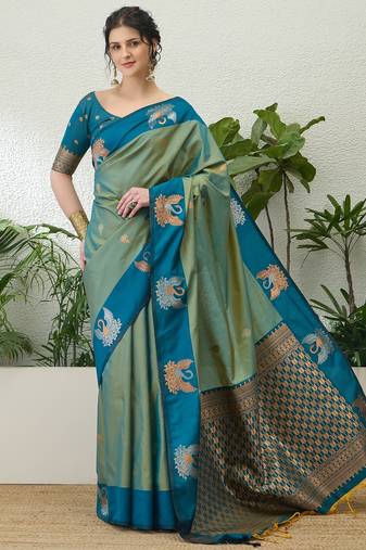 Teal color readymade handloom silk saree with unstitched designer blouse