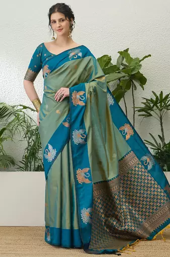 Teal color readymade handloom silk  saree with unstitched designer blouse