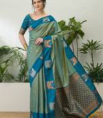Teal color readymade handloom silk  saree with unstitched designer blouse